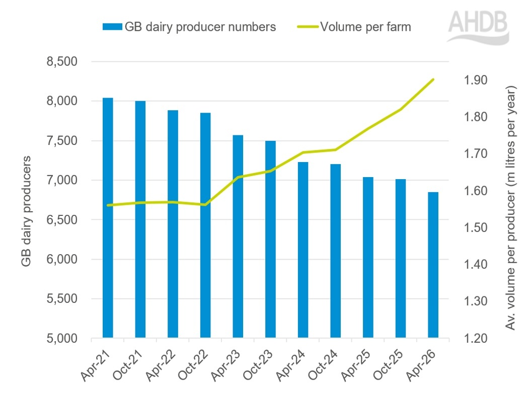 Figura 1. Numero di produttori lattiero-caseari e volume per azienda agricola nel Regno Unito  (aprile 2021-aprile 2026) Fonte: AHDB
