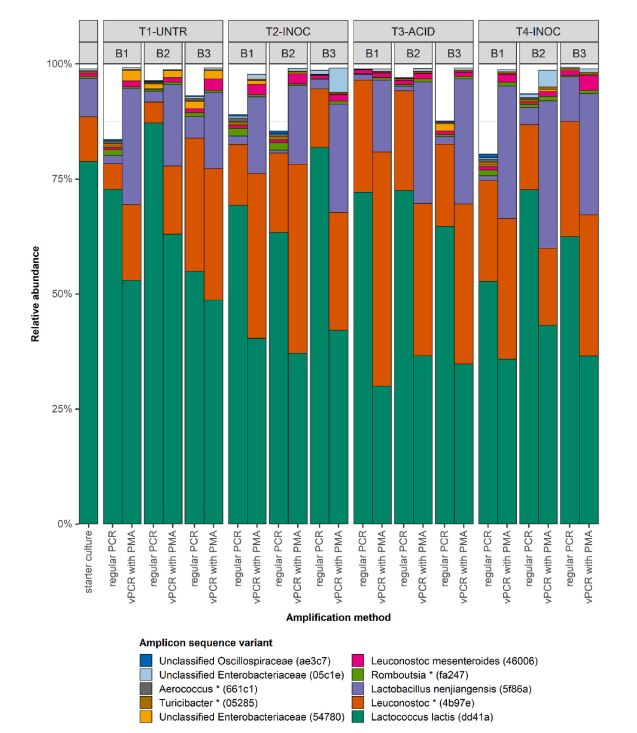 Fig. 8. Confronto dei metodi di amplificazione tra le 10 varianti di sequenza di ampliconi più abbondanti nel formaggio a 22 mesi di età per trattamento (T1-T4) e lotto (B1-B3) all'interno del trattamento. Reazione a catena della polimerasi (PCR) standard vs. PCR di vitalità (vPCR) con monoazide di propidio (PMA). Coltura starter (PCR standard) inclusa come riferimento. Trattamenti: Alimentazione con insilati senza additivi (T1-UNTR), con inoculazione mediante coltura starter (T2-INOC e T4-INOC) e con trattamento acido (T3-ACID), come descritto da Eliasson et al. (2024) .